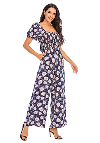 Love Welove Fashion Women's Floral Short Sleeve High Waist Wide Leg Pants Casual Loose Smocked Jumpsuit Romper #TOP3