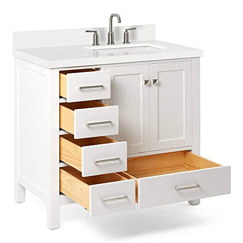Ariel 37" Inch White Bathroom Vanity W/ 1.5" Edge Pure White Quartz Countertop & Backsplash | Right Rectangular Sink | 2 Soft Closing Doors & 5 Full Extension Dovetail Drawers | Satin Nickel Pulls #TOP4