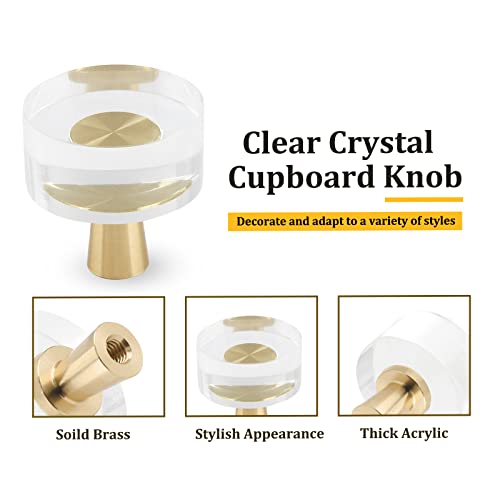 Jersvimc 6Pcs Acrylic Round Cabinet Knobs - Gold Lucite Knobs, Clear Glass Dresser Pulls Crystal Decorative Draw Knobs Luxury Vanity Knobs Solid Brass Furniture Knobs For Cupboard Kitchen Drawer #TOP2
