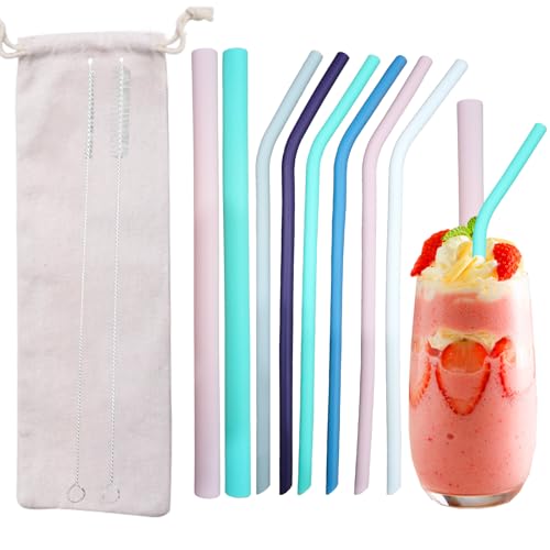 8Pack Silicone Straws Reusable,6 Bend and 2 Wide Straight Drinking Straw with Cleaner Brush and Pouch,Soft Flexible Straw for Children & Elderly