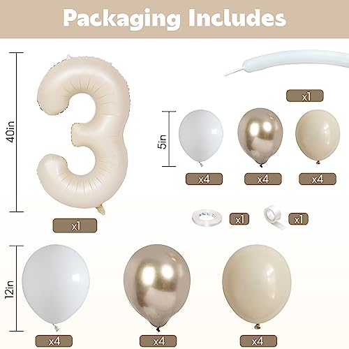 Image of 40 Inch Cream Number 3 Balloon for 3rd Birthday Decoration Beige White Sand Number Three Foil Balloon Tower Giant Large Nude Neutral Digit Helium Balloons Stack for Girls Third Anniversary Party