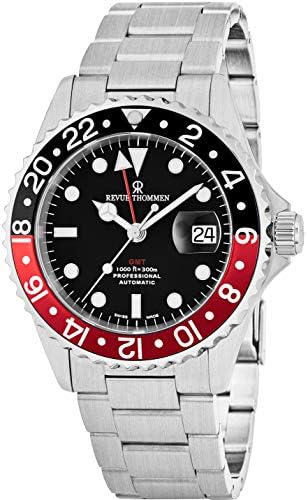 Revue Thommen GMT Mens Stainless Steel Professional Automatic Watch - 42mm Analog Black Face with Luminous Hands, Magnified Date and Sapphire Crystal - Swiss Made 2nd Time Zone Watch 17572.2136