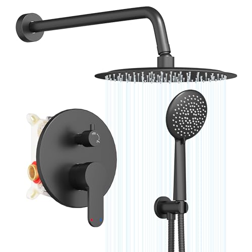 Image of Gabrylly Black Shower System, Pressure Balance Shower Faucet Set, 12 inch Stainless Steel Rain Shower head with 5-Mode Handheld Shower Spray Combo,High Pressure Rainfall Shower Head Set, Matte Black