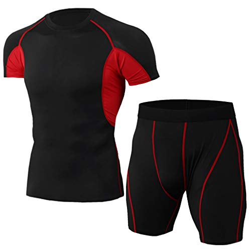 Men's Sports Compression Fast Drying Elastic Fitness T-Shirt Tops+Short Pants Sports Tight Suit Beautyfine Red Men's Sports Compression Fast Drying Elastic Fitness T-Shirt Tops+Short Pants Sports Tight Suit Beautyfine Red