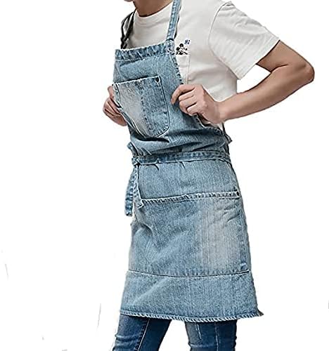 Miniatura 7 de Delantal de mezclilla de algodón con bolsillos, unisex, ajustable, delantal de cocina para cocinero, cocina, restaurante