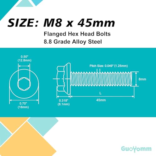 GuoYomm M8 x 45mm 10pcs Flanged Hex Head Bolts, M8 x 1.25 Bolts, Flange Hexagon Head Screws, 8.8 Grade Alloy Steel, Yellow Zinc Plated, Metric Fully Thread by GuoYomm - Image 2