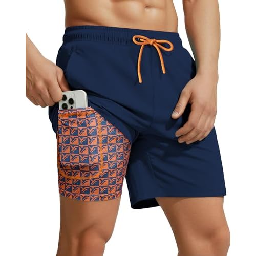 7 Inch Men Swim Trunks with Compression Liner Quick Dry Drawstring Male Swimtrunks for Beach Summer Water Park Small Indigo Navy
