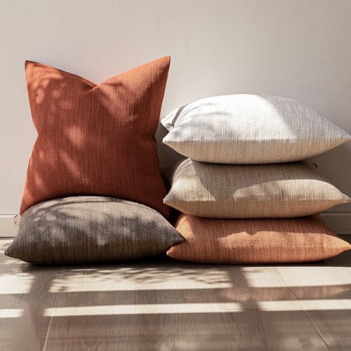 Image of Foindtower Set of 2 Decorative Textured Burlap Linen Throw Pillow Covers Farmhouse Boho Cushion Cover Solid Accent Pillowcase for Couch Sofa Bed Living Room Home Decor, 22x22 Inch,Fall Orange Hazel