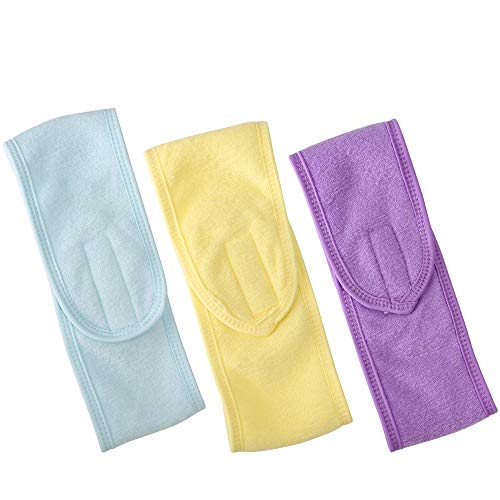 Facial Spa Headband, 3Pcs Make up Headband, BetyBedy Non-slip Stretch Hair Wrap with Adjustable Magic Tape for Face Washing, Shower, Facial Mask, Yoga (Yellow, Blue, Purple)
