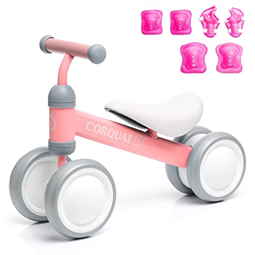 CORQUAT Pack correpasillos Bebe 1 año con Rodilleras y Coderas, Juguetes niños, Triciclo, Bicicleta sin Pedales para niños, Andador Perfecto para Regalo (Rosa)