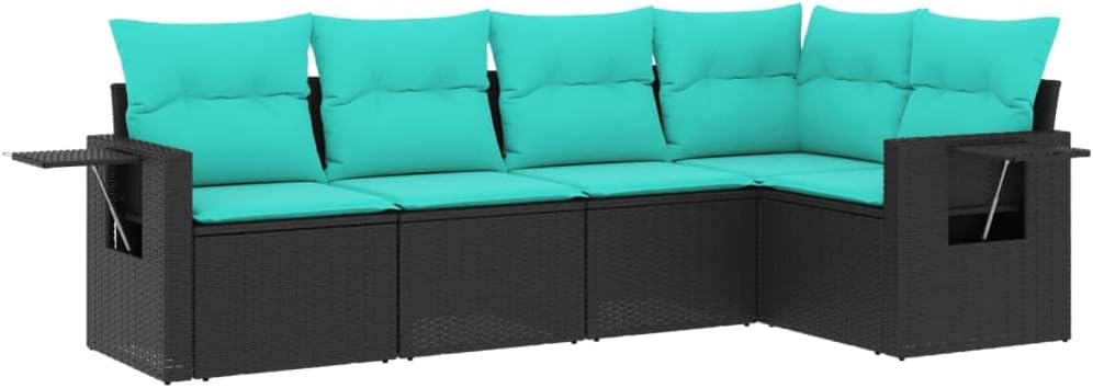 vidaXL Patio Sofa Set with Cushions - Outdoor Furniture 5 Piece - Black Poly Rattan - Modular Design - for Garden, Patio, Deck, Terrace - Including Side Table and Thick Padded Cushions