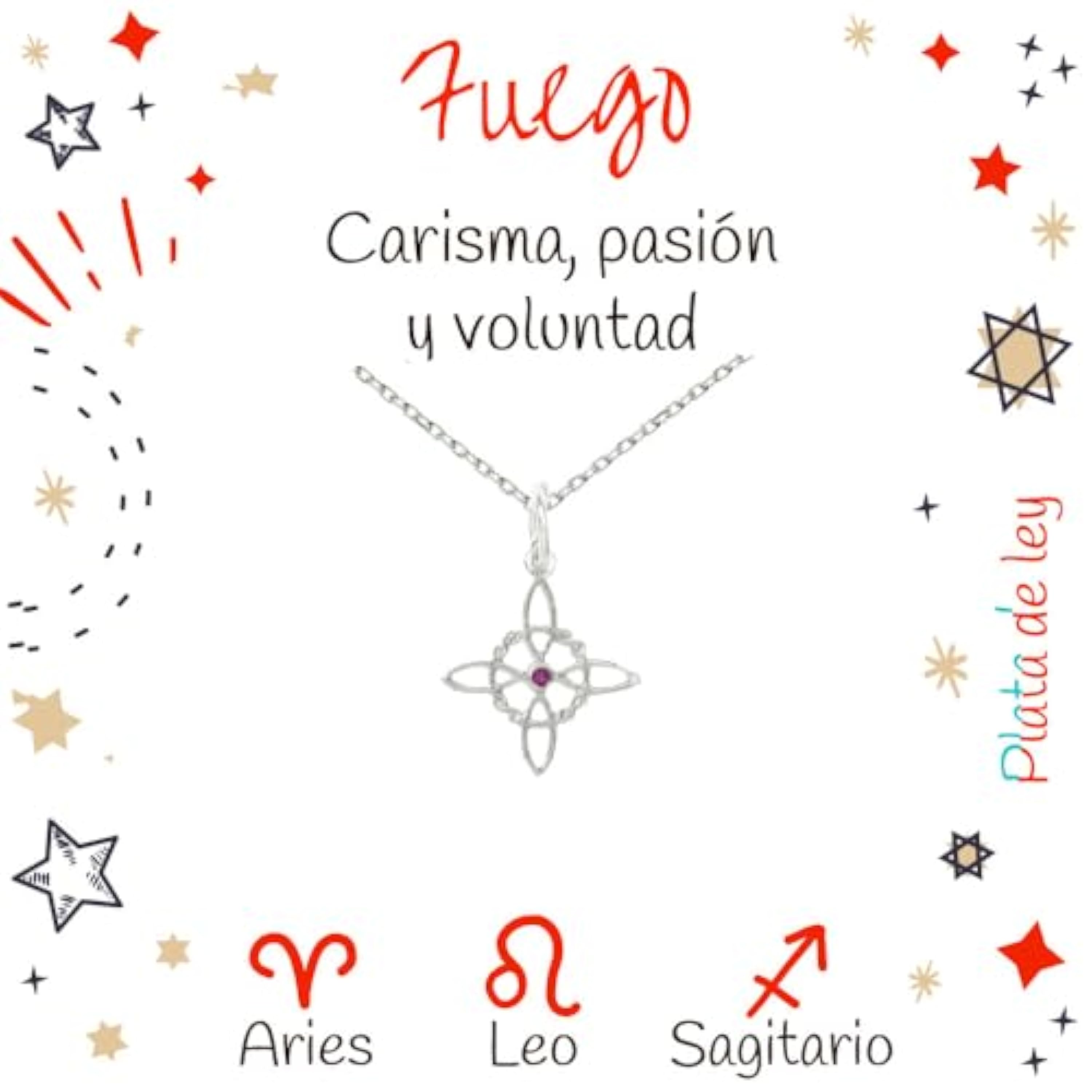 Collar amuleto Nudo de Bruja de Plata de Ley 925 Tamaño XS con circonita fucsia- Collar amuleto de protección para signos de Fuego: Aries - Leo - Sagitario