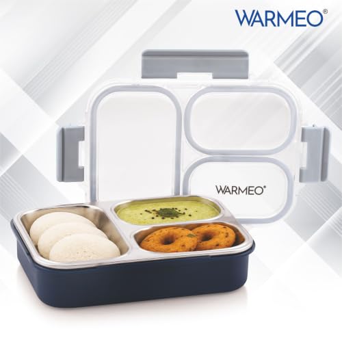 Image of WARMEO BENTO Microwave-Safe Stainless Steel Lunchbox with 3 compartments,bpa Free,Perfect for Office, School, Travelling, 750ml-Blue