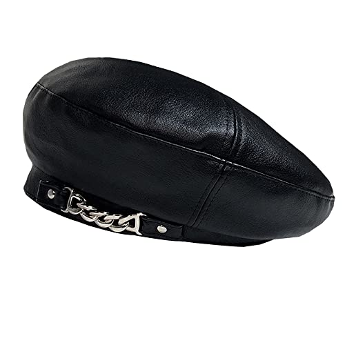 JUENAWMIU Women Beret Hat PU Leather Beret French Beret Artist Beret Cap French Hat, Black, One Size