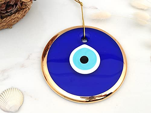 Image of Handmade Blue Glass Turkish Gold Evil Eye Hanging for Home Entrance, Nazar Battu Protection Amulet for Good Luck & Prosperity - Main Door & Wall Decor (14cm)