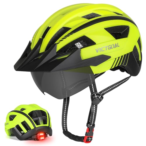 VICTGOAL Fahrradhelm MTB Mountainbike Helm mit magnetischem Visier Abnehmbarer Sonnenschutzkappe und LED Rücklicht Radhelm Rennradhelm für Erwachsenen Herren Damen (M: 54-58cm, Yellow)