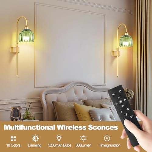 Image of ZECOXOL Vintage Battery Operated Wall Sconces Set of 2, Gold Rechargeable Wireless Wall Lamp Lights with Glass Lampshade & Remote,Dimmable 12 Colors Flower Wall Sconce for Bedroom Living Room Hallway