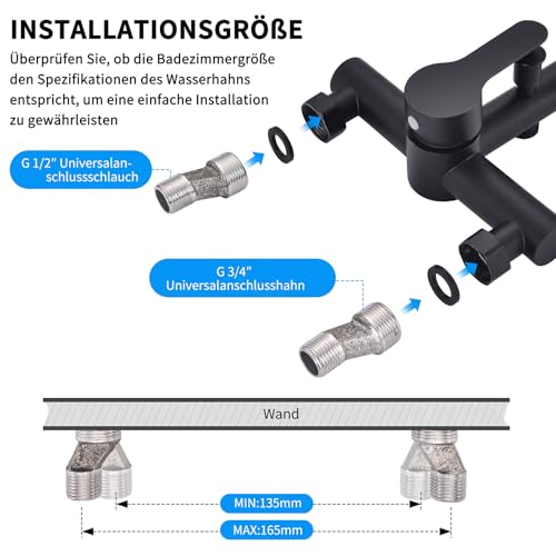HOMELODY Badewannenarmatur mit Handbrause Schwarz Matt – Mischbatterie Badewanne Wandmontage, 2 Ausgänge Einhebelmischer Duscharmatur mit Wanneneinlauf, Anschlussmaß 135–165 mm