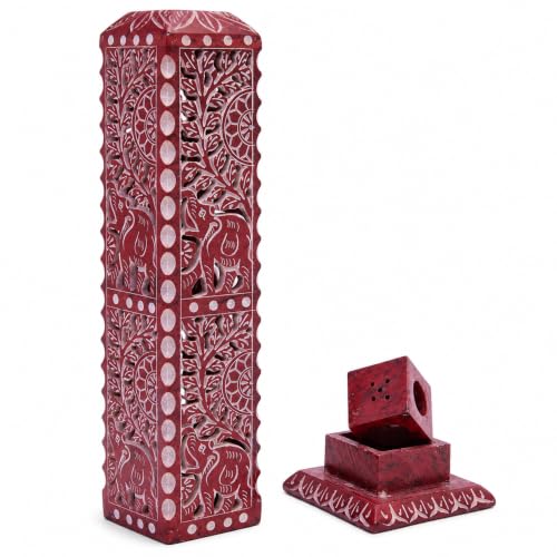 Image of Handmade Marble Soapstone Incense Stick Burner | Candle Stick Holder | Tea Light Burner - Flower and Elephant Carving Decorative (3 x 3 x 11 Inches)(Square, Red)
