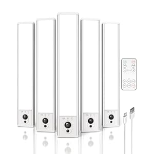 EZVALO 5-Pack Under Cabinet Lighting, 2400mAh Motion Sensor Light, LED Closet Lights Wireless, 6500K Dimmable, Timer, Magnetic, with Remote Control for Kitchen, Closet, Stair