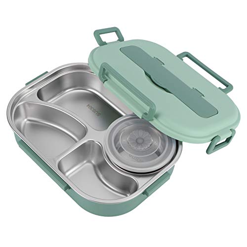 Fiambrera de Acero Inoxidable 304, Contenedores de Fiambrera con Cuchara Y Palillos de Acero Inoxidable, con Tazón de Sopa de 300 Ml, Fiambrera Bento de 1500 Ml para Niños, Estudiantes Y(verde) Cover