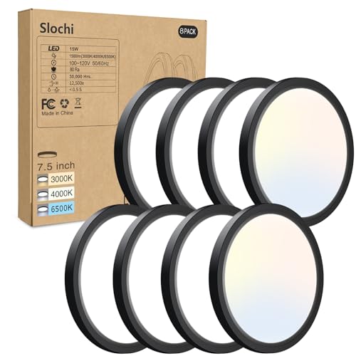 8PACK LED Flush Mount Ceiling Light Fixture, 3000K-4000K-6500K & 100W Equivalent Modern Kitchen Ceiling Lamp 15W 1500Lm 7.5 Inch Closet Round Surface for Bathroom Laundry Bedroom Hallway, Black