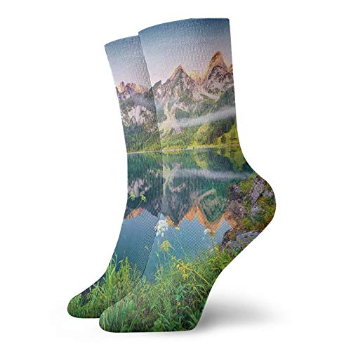Nature Fashion Compression Socks,Misty Summer Morning On Austrian Alps,Performance Polyester Cushioned Athletic Crew Socks for Running,Athletic,Green Blue -12 inch