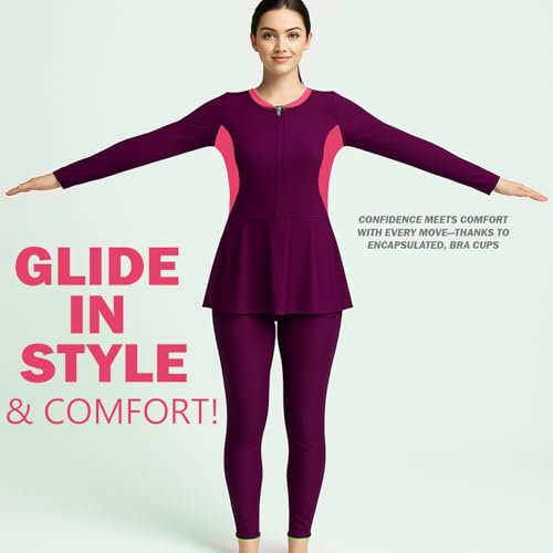 Image of Hacer Frock Style Swimwear with Padde Full Sleeve Bodysuit Swimming Costume Full-Length One Piece Swimsuit for Pool Beach Women (S, 32, Wine)