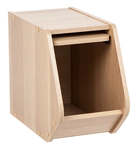 Image of IRIS USA Modular Wood Stackable Storage Box with Sliding Door, Narrow, Light Brown
