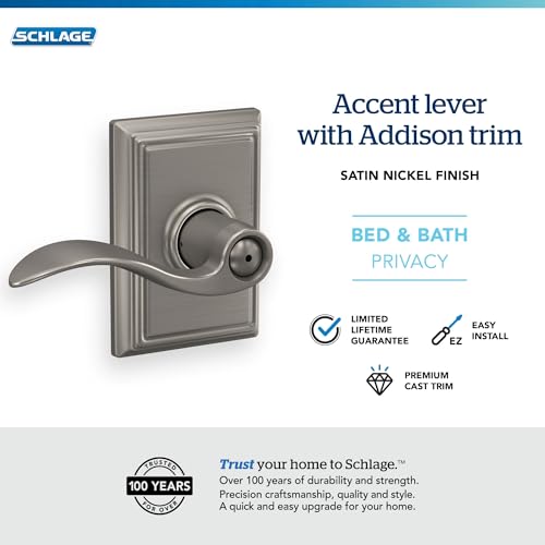 Image of Schlage F40 ACC 619 ADD Accent Door Lever with Addison Trim, Bed & Bath Privacy Lock, Satin Nickel