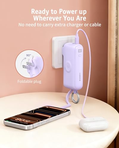 Image of RORRY Flow Portable Charger 10000mAh 40W Wall Plug Power Bank Battery Pack | Built-in USB-C Cable, Keychain Design, Fast Charging, for iPhone 17 /16 /15, Apple Watch, iPad, 3-in-1, Travel Essential