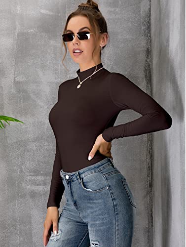 مانجديوب بلوفر نسائي برقبة مرتفعة واكمام طويلة وقصة ضيقة (بني، مقاس S)