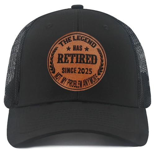 The Legend Has Retired Since 2025 Leather Patch Hat Adjustable Baseball Caps Trucker Hats Retirement Gifts for Men Women (US, Alpha, One Size, Black Black)
