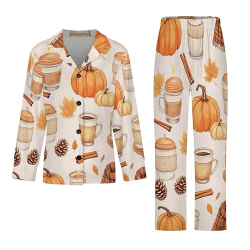 Fall Watercolor Pumpkin Womens Pajamas Coffee Latte 2 Piece Pajama Set for Women4