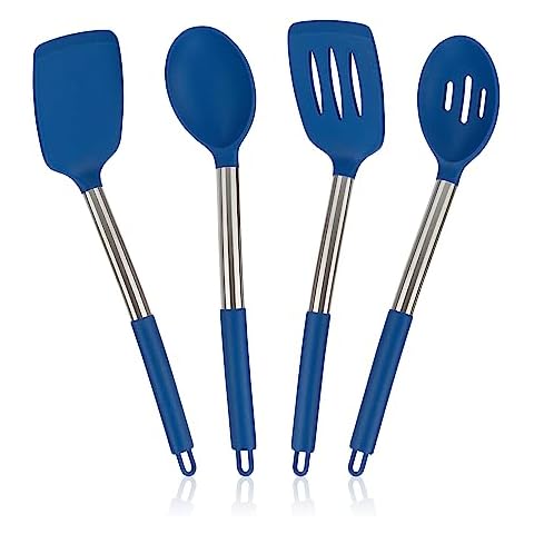 4 Pack Silicone Utensils Set, Non Stick Solid Spatulas, Heat Resistant Blue Slotted Spoons with Stainless Steel Handle, BPA Free Cooking Turner for Stir-Fry, Frying, Mixing, Serving,Draining,Turning Cover