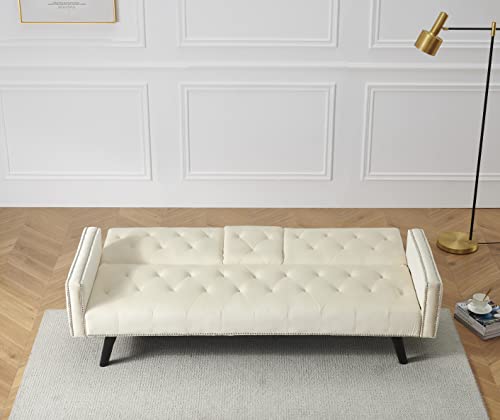 Fulife 5 Modern Futon Sofa Loveseat Convertible Sleeper Couch Bed Daybed, Folding Recliner With 2 Cup Holders, Removable Soft Pillow-Top Armrest For Living Room Apartment Small Place, Light Beige #TOP2