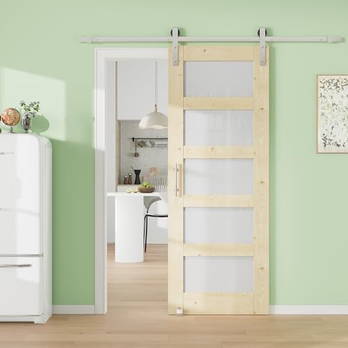 Image of Paintable Book Shelf Style Barn Doors, 96 inch x 84 inch Sliding Barn Door with Hardware Kit Included, White Primed Composite MDF Shelves, Pre-Drilled Hole, Easy Install