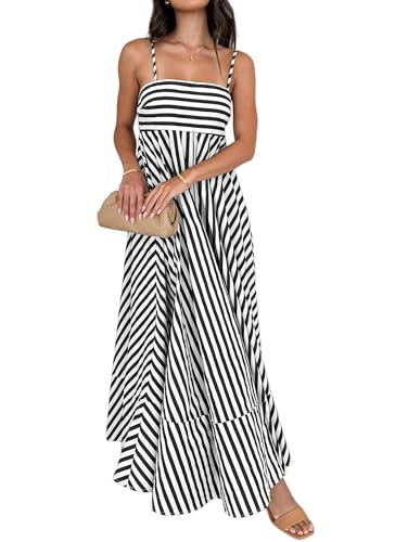 Image of Women Striped Maxi Dress Smocked Backless Spaghetti Strap Long Flowy Dress Sleeveless Boho Aline Sundress