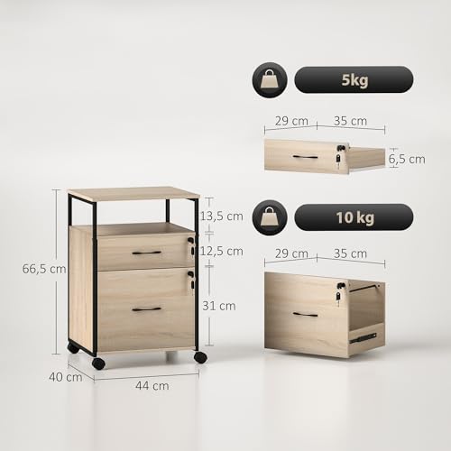 Vinsetto Cajonera de Oficina con 2 Cajones, Cajonera de Escritorio con Ruedas, Barra Colgante, Cerradura y 2 Llaves para A4 Carta, Archivador Móvil para Estudio, 44x40x66,5 cm, Natural - imagen 3