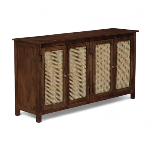 Image of Madrid Solid Wood 4-Door Cane Sideboard Cabinet | Scratch-Resistant Tubaq Finish | Crockery & Kitchen Storage Unit