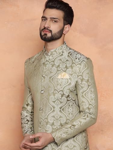 Image of KISAH Men's Ethnic Wear Silk Blend Woven Design Regular Fit Olive Indo-Western Sherwani Set Indo-Western