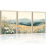 3 Pcs Framed Mountain Wildflower Wall Art Triptych Natural Landscape Canvas Prints Large Farmhouse Daisy Poster Botanical Picture Painting for Living Room Bedroom Decor 16x24IN