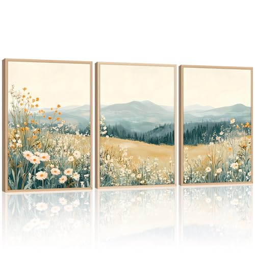 3 Pcs Framed Mountain Wildflower Wall Art Triptych Natural Landscape