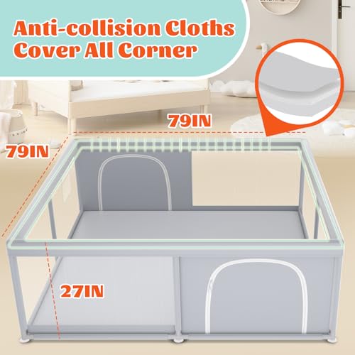 Image of XVISHX Baby Playpen, 79''x79'' Extra Large Playpen for Babies and Toddlers, Baby Fence Play Pen for Indoor & Outdoor, with Soft Breathable Mesh Grey