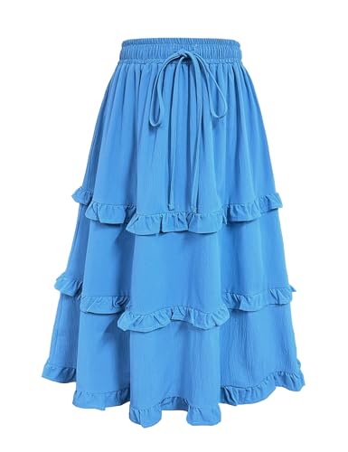 Image of Girls High Waisted Ruffle Maxi Skirt Soft Cotton Long Skirts with Elastic Waistband for Kid Girl 3-12 Years