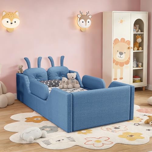 Image of Twin Bed Frame for Kids, Floor Platform Bed Rabbit, Blue