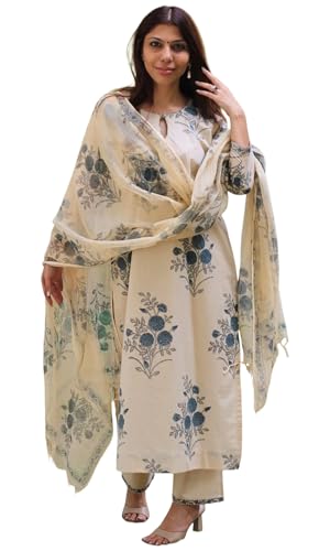 Image of GoSriKi Kurta Set for Women Viscose Blend Printed | Kurta Pant Dupatta Set for Woman | Round Neck 3 /4 Sleeve Straight 3 Piece Ethnic Dress Stylish Womens Clothing Outfit