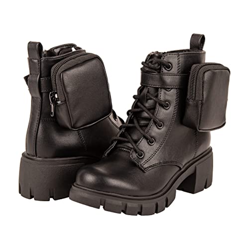Girls Combat Boots with Side Pocket and Zipper Lace-Up Ankle Booties Youth Sizes 11 to 5 Chunky Lug Sole Black or White Fall Winter Fashion Shoes - POUCH4