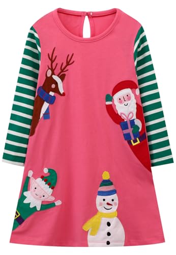 Image of Hongshilian Toddler Girls Longsleeve Dress Cotton Jersey Casual Dresses Cartoon Applique