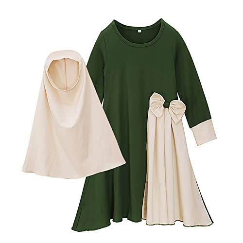 OBEEII Girls Two-Piece Muslim Prayer Dress Set Long Sleeve Full Length Maxi Dress Abaya Kaftan with Scarf Hijab